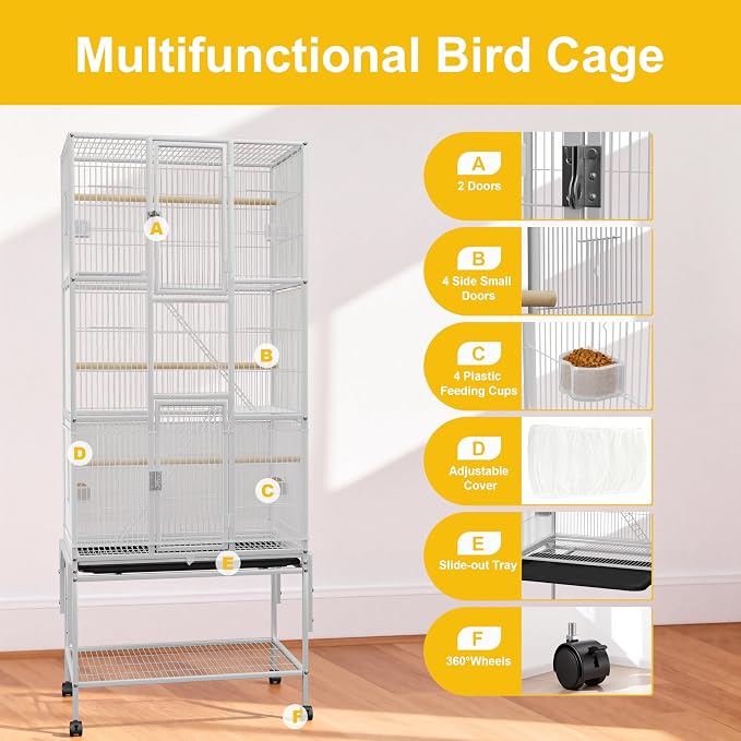 69 inches Bird Cage with Dust Cover, Birdcages with Rolling Wheels | Large Bird Cages for Cockatiels Quaker Conure Parakeet Lovebird Finch Canary Small Medium Parrot Cage Birdcage,White - Image 4
