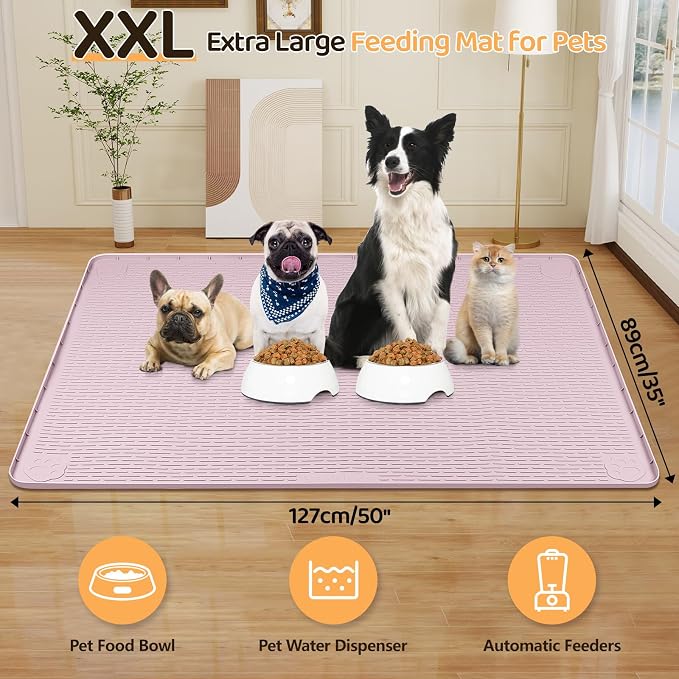 Dog Food Mat 50''x35'' Extra Large Dog Mat for Food and Water, Pink | Silicone Dog Bowl Mat with Raised Edge, Waterproof Non-Slip Pet Feeding Mat for Floors, fit for Dog Cat Bowls - Image 2