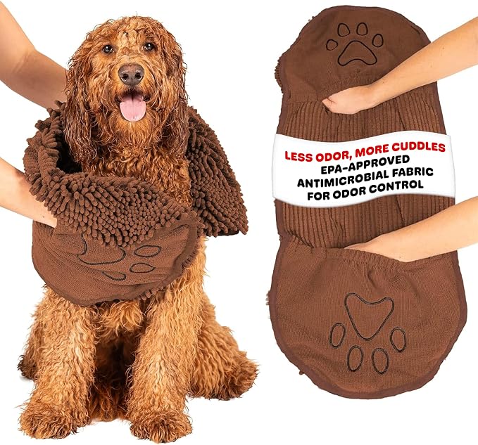 Dog Gone Smart The Dirty Dog Shammy - Antimicrobial Microfiber Dog Towel for Odor Control, Fast-Drying Plush, Dual Hand Pockets & Elastic, Super Absorbent, Machine Washable, 31 x 13 in, Brown by DogGoneSmartBed