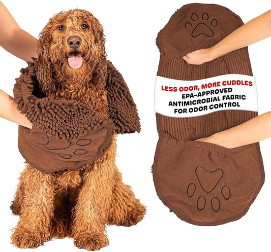 Dog Gone Smart The Dirty Dog Shammy - Antimicrobial Microfiber Dog Towel for Odor Control, Fast-Drying Plush, Dual Hand Pockets & Elastic, Super Absorbent, Machine Washable, 31 x 13 in, Brown by DogGoneSmartBed