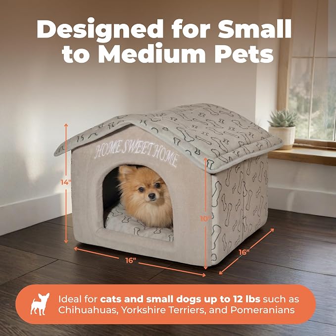 Best Pet Supplies Cat Bed for Indoor Cat, Domed Tent House with Removable Pillow, Covered Cat Cave for Small Dog, Puppies and All Breeds of Cats - Light Brown w/ Bones, 16 x 16 x H:14" - Image 4