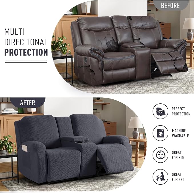 KinCam Loveseat Recliner Covers with Middle Console Slipcover, Charcoal Gray - Image 3