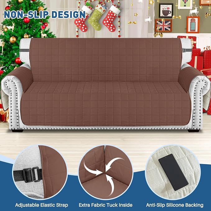 MAXIJIN Waterproof Love Seat Couch Covers 2 Cushion Sofa, 49" Quilted Loveseat Cover Slipcovers for Pets Dog Couch Cover Protector with Elastic Strap & Side Pocket (Loveseat, Coffee) - Image 4