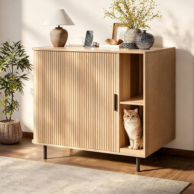 Cat Litter Box Enclosure, 31.8" Kitty Hidden Litter Box Furniture with Scratch Pad, Modern Indoor Cat House, Sliding Door, Adjustable Shelf for Dog Proof, Natural - Image 8
