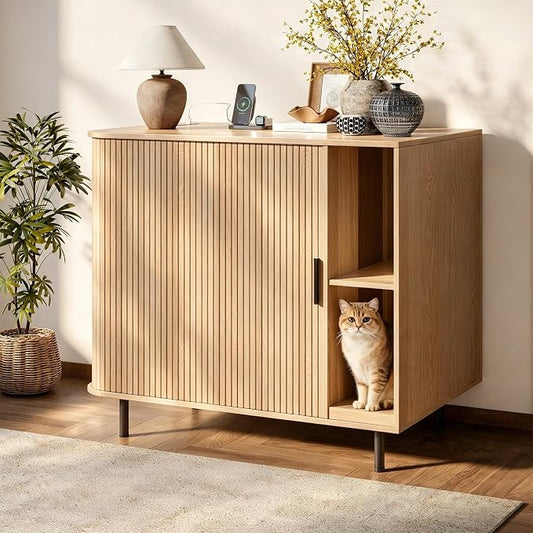 Large Cat Litter Box Enclosure with Scratch Pad, 42.6'' Hidden Litter Box Furniture for Automatic self-Cleaning Litter Boxes, Sliding Door, Adjustable Shelf for Dog Proof, Charging Station, Natural by OPERTION