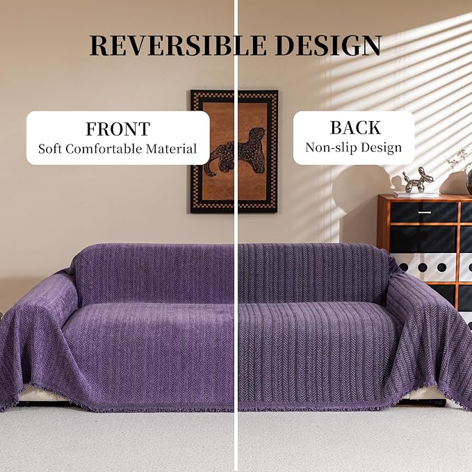 Sofa Covers for 3 Cushion Couch Seat, Loveseat Non Slip Couch Cover Chenille Strip Couch Throw Blankets with Tassels, Sectional Sofa Slipcovers Furniture Protector for Pets, Kids 71"x134", Purple - Image 2