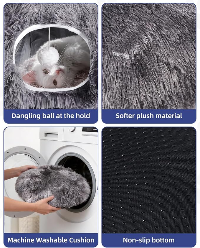 Cat Tunnel Bed with 20 Pcs Interactive Toys, 3-in-1 DIY Collapsible Plush Cat Tube with Washable Mat, Large Indoor Play Tunnel Cave for Kittens and Small Animals - Image 4