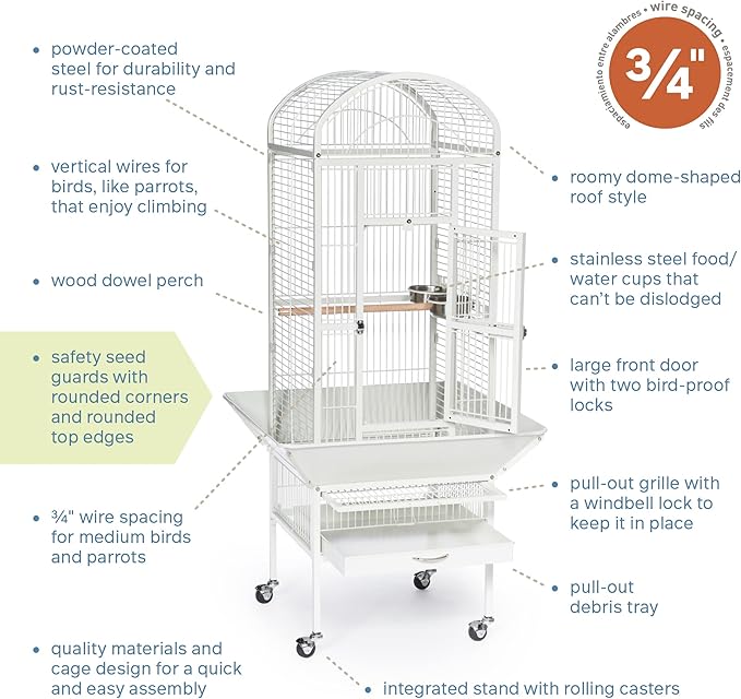 Prevue Pet Products Dome Top Bird Cage - Powder‑Coated Steel Cage with Wheels, Push Button Locks, Seed Guards and Perch, Ideal for Cockatiels, and All Small-Medium Sized Birds - Chalk White - Image 4