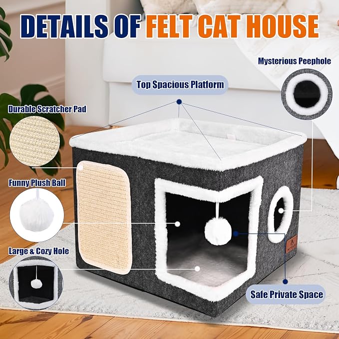 Felt Cat Cave Beds for Indoor Cats, Foldable Cat Hideaway with Scratch Pad and Fluffy Ball, Large Covered Cat House with Reversible Cushion for Multi Small Pet - Image 5