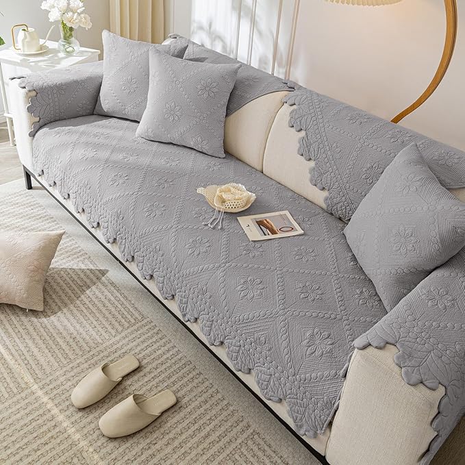 Cotton Quilted Dog Couch Cover for Sofa Farmhouse Rustic Embroidery Sectional Couch Cover Soft Anti-Slip Sofa Slipcover Furniture Protector for Kids, Pets (Grey,28"x82") - Image 4