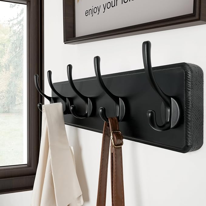 SKOLOO Rustic Wall Mounted Coat Rack, Pine Solid Wood Coat Hook Hanger - 5 Hooks for Hanging Clothes Robes Towels Coats - Image 2
