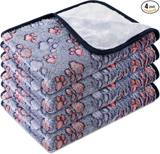Tatuo 4 Pack Fleece Dog Blankets for Puppy Cats Multi-Size Sleep Mat for Pet Guinea Pig Soft Washable Warm Crate Bed Puppy Teething Toys Print Pattern Blanket Indoor(Blue,24 x 16 Inch,Paw) by Tatuo