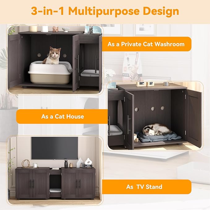 55" Large Cat Litter Box Enclosure Furniture for 2 Cats, 3-in-1 Hidden Litter Box Cabinet with Barn Door & Double Rooms, Wooden Pet Furniture for Living Room & Bedroom - Image 4