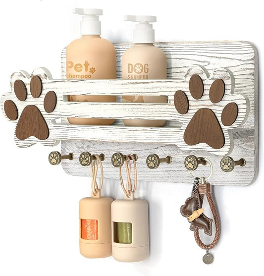 MTERSN Farmhouse Dog Leash Holder for Wall - Cute Dog Accessories Storage Organizer with Floating Shelf and 6 Key Hooks – Key Holder Wall Mount for Rustic Home Decor (White) by MTERSN