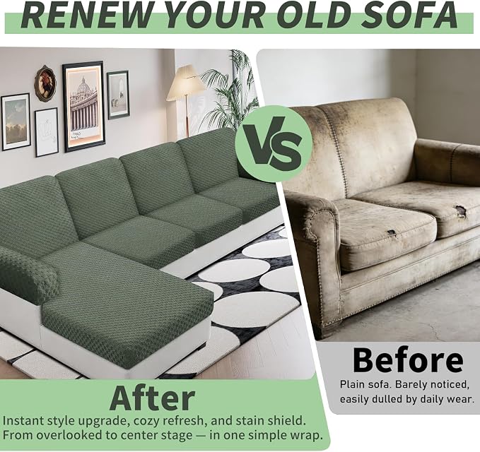 YEMYHOM Couch Cushion Covers for Sofa, Stretch Sectional Couch Seat Cushion Covers Washable Thick Furniture Protector Sofa Slipcovers for Pets (3 Seater + 1 Chaise, Army Green) - Image 4
