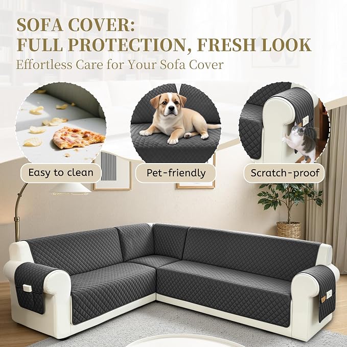 Sectional Couch Covers for Dogs 100% Waterproof Corner L Shaped Sofa Cover Pet Friendly Velvet Washable Anti Slip L Shape Modular Sofa Slipcover Protector with Pockets (Gray, XL Plus) - Image 5