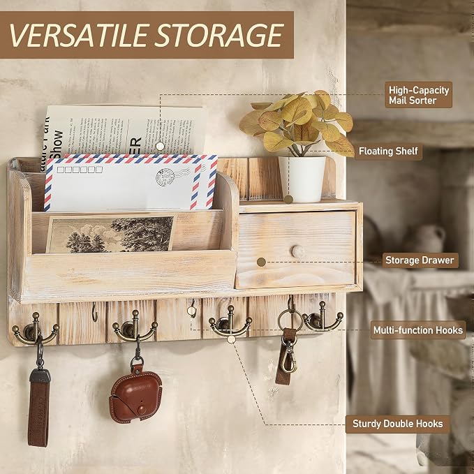 Rebee Vision Key Holder Wall Mount with Drawer for Entryway, Natural Wood | Pine Wood, with Drawer Storage, 7 Hanging Hooks, Letter Organizer, Key Holder for Wall, Home Essentials for Room Decor - Image 5