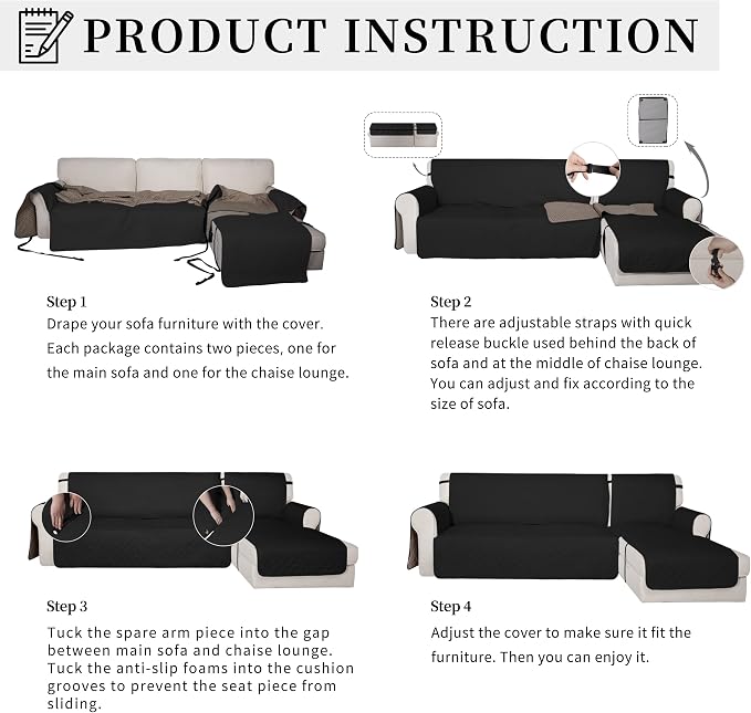 Easy-Going Waterproof Sectional Couch Covers with Chaise 2-Piece Non Slip L Shape Sofa Cover for Dogs Leakproof Furniture Protector Cover with Adjustable Strap for Pets (Large, Black) - Image 5