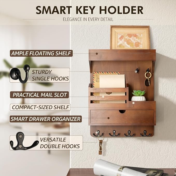 Rebee Vision Key Holder Wall Mount with Drawer Organizer for Entryway,Brown | Pine Wood, 6 Key Hooks, Display Shelf for Plants, Mail Slot for Storage Letter, Multi-Funtional Design, Home Storage - Image 5