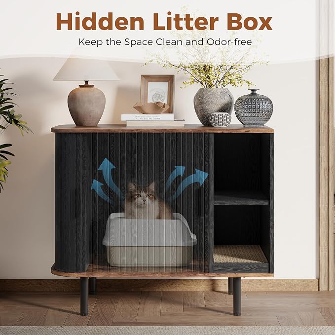 Cat Litter Box Enclosure, Kitty Hidden Litter Box Furniture with Scratch Pad, Modern Indoor Cat House, Sliding Door, Adjustable Shelf for Dog Proof, Black - Image 3