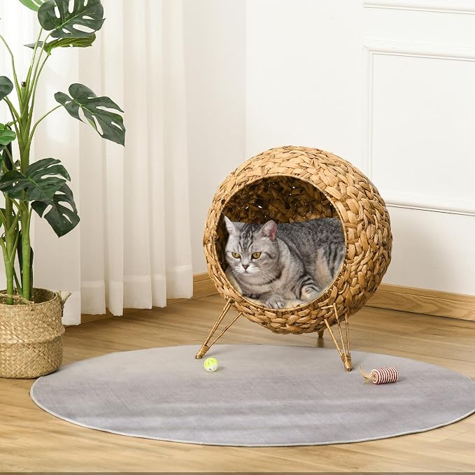 PawHut 20.5" Weaved Cat Bed, Elevated Hand-Woven Braided Banana Leaf Kitten House Condo with Cushion, Natural | Elevated Hand-woven Braided Banana Leaf Kitten House Condo - Image 2