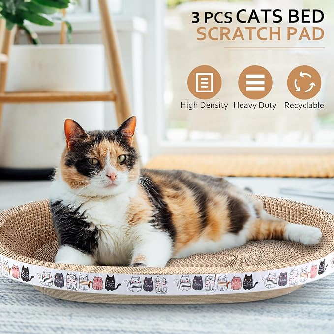 Mixweer 3 Pcs Cat Scratcher Cardboard Large Oval Cat Scratch Pad Board Bed Bowl 2 in 1 Corrugated Lounge Couch Nest for Cats Grinding Claw Furniture Protector Indoor - Image 2