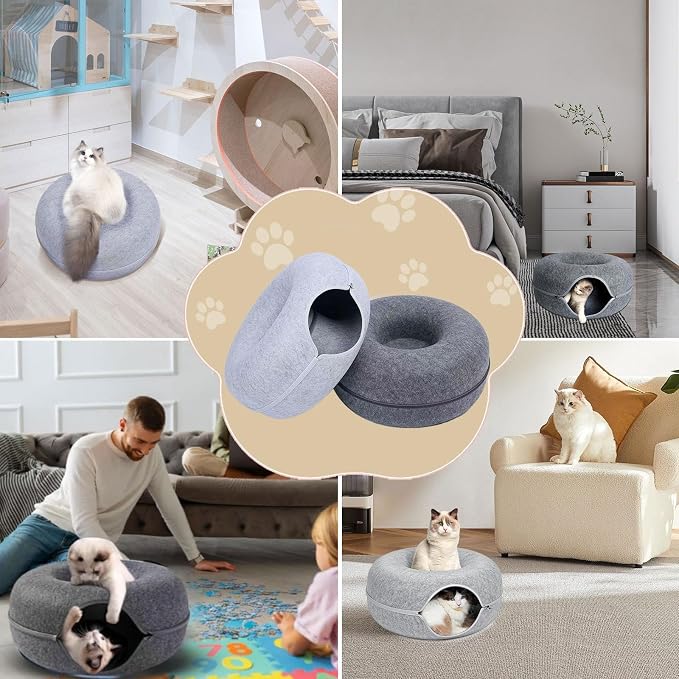 Tunnel Bed for Indoor,cattasaurus Peekaboo cat cave for Multiple,Detachable Felt Felt Washable Interior for Indoor Cats,Donut Tunnel -24inch (Light Gray + Dark Gray) - Image 7