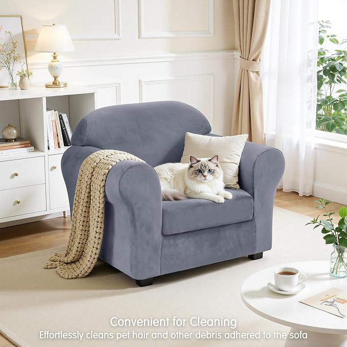 CHUN YI 2 Piece Velvet Armchair Cover Couch Covers 1 Cushion, Water Resistant Chair Slipcover with Arms, Non Slip High Stretch Thick Furniture Protector for Dogs Pets, Small, Grey - Image 7