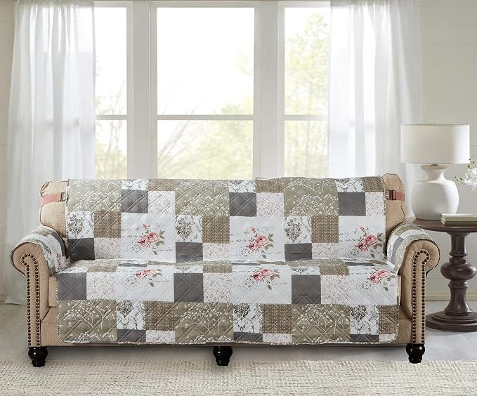 Brilliant Sunshine Pink Rose & Grey Toile Patchwork Couch Cover, 70" seat | Non Slip Sofa Cover, Quilted Furniture Protector, Large Washable Slipcover for Pets, Dogs & Cats - Image 4