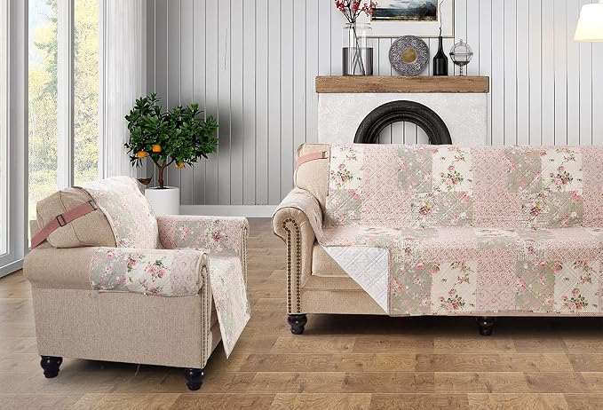 Brilliant Sunshine Rose and Sage Couch Cover, 78" seat | Traditional Patchwork Design, Non Slip Sofa Cover, Quilted Furniture Protector, Extra Large Washable Slipcover for Pets - Image 6