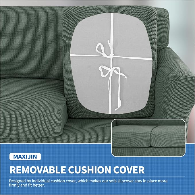 MAXIJIN 3 Piece Couch Covers for 2 Cushion Couch Super Stretch loveseat Sofa Cover for Dogs Pet Proof Furniture Protector Non Slip Couch Slipcover Washable (Pea Green, 71"-91"(2 Cushions)) - Image 4