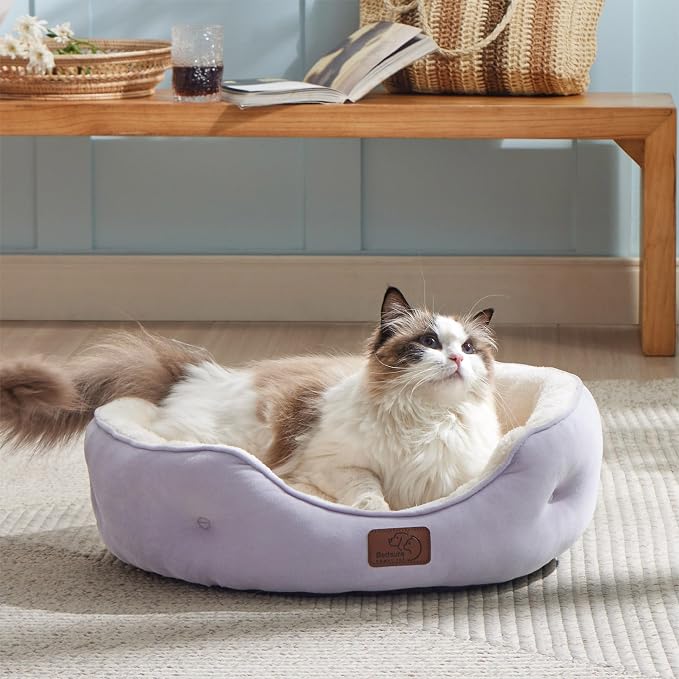 Bedsure Dog Beds for Small Dogs - Round Cat Beds for Indoor Cats, Washable Pet Bed for Puppy and Kitten with Slip-Resistant Bottom, 20 Inches, Misty Lilac | Azure Lilac Soft Plush Pet Bed,Dog Beds for Small Dogs for Puppy and Kittens,Anti-Slip Bottom,E... - Image 7