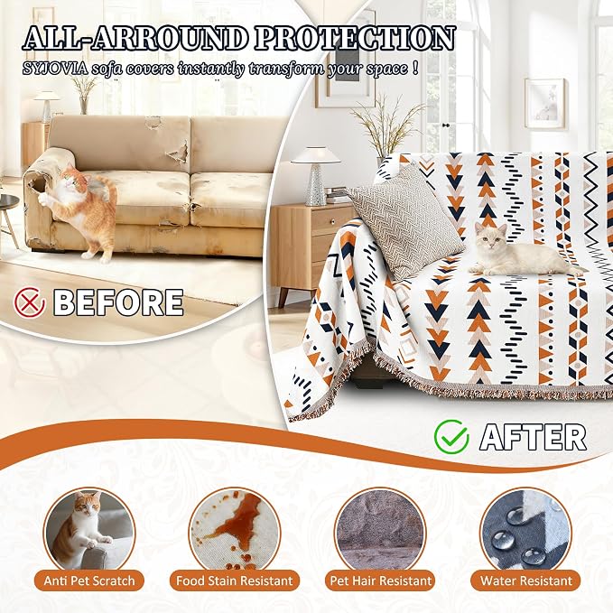 1OO% Waterproof Sectional Couch Covers for Dogs L Shaped Corner Sofa Cover Washable Chenille Sofa Slipcovers Blanket Modern Jacquard Pet Furniture Protector (91"x276", Boho Blue Orange) - Image 5