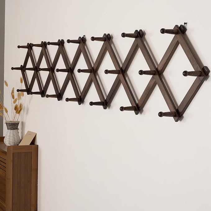 SKOLOO Accordion Wall Hanger with 22 Hooks, Modern Expandable Coat Rack Hat Rack for Wall, Solid Wooden, Walnut Color - Image 3