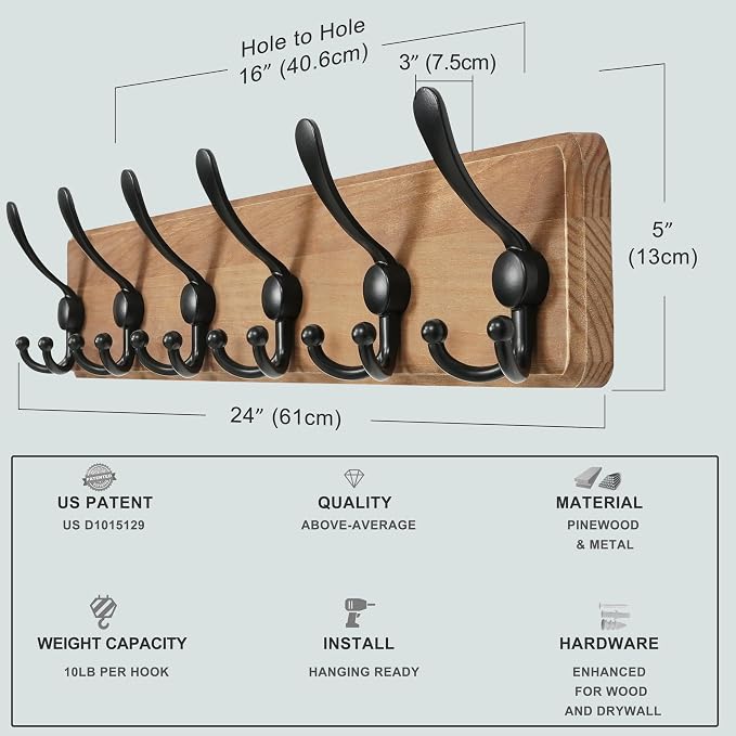 Dseap Coat Rack Wall Mounted - 24" Long 6 Tri Hooks, Heavy Duty Wooden Wall Coat Hanger Coat Hook for Clothes Hat Jacket Clothing, Weathered Yellow and Black - Image 4