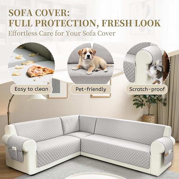 Sectional Couch Covers for Dogs 100% Waterproof Corner L Shaped Sofa Cover Pet Friendly Velvet Washable Anti Slip L Shape Modular Sofa Slipcover Protector with Pockets (Pale Gray, XL Plus) - Image 4