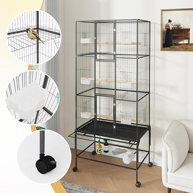 69" H Large Bird Cage, Bird Cage with 3-Tier Platforms, Ladders, Perches, Feeder, Wide Birdcage for Parakeets, Conures, Lovebirds, Quaker, Cockatiels, Budgie, Black - Image 5