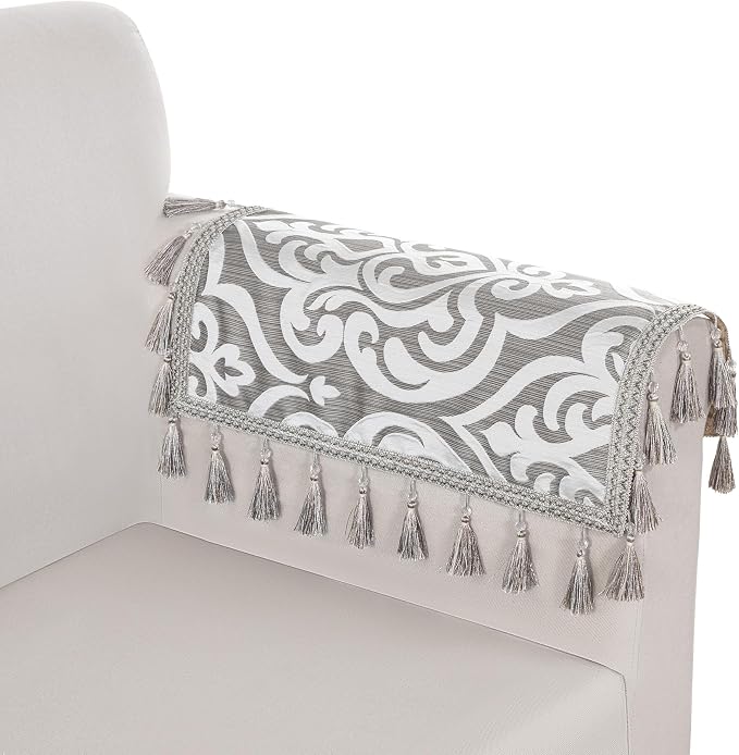 Loom and Mill Modern Damask Sofa Arm Covers 2 PCS, Sliver Gray, 20x24in | Luxury Contemporary Couch Armrest Cover with Tassels, Non-Slip Furniture Protector for Chair Sofa Recliners Couch Dogs Pets - Image 3
