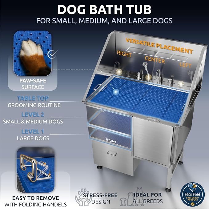 KANIS Professional Dog Washing Station 304 Stainless Steel Pet Wash Sink | Grooming Bathtub w/Shower, Floor Grates and Storage for Large, Medium & Small Pets - Image 6