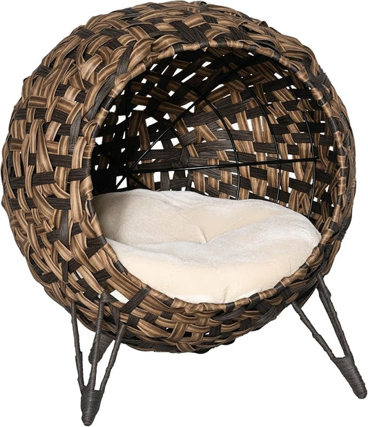 PawHut 20.5" Weaved Cat Bed with Cushion, Brown | Elevated Hand-woven Braided Banana Leaf Kitten House Condo by PawHut