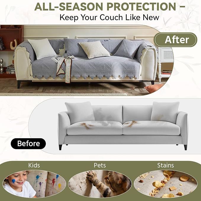 OTOB Quilted Pet Couch Cover Washable, Non-Slip Sofa Protector, 1 Piece | Gray, 27.6"x59.1", Premium Cotton, Rustic Farmhouse Embroidery, All Seasons, Soft Thick, Breathable, Wear-Resistant - Image 2