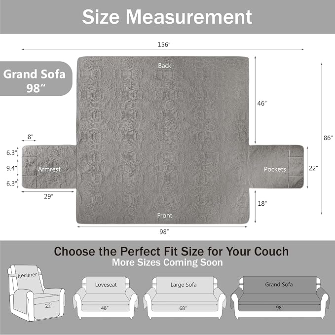 Quilted Grand Sofa Covers for 4 Cushion Couch, Couch Cover for Grand Sofa Washable, Soft Cozy Couch Protector, Oversized Grand Sofa Slipcovers Water-Repellent (Grand Sofa 98", Cool Gray) - Image 7
