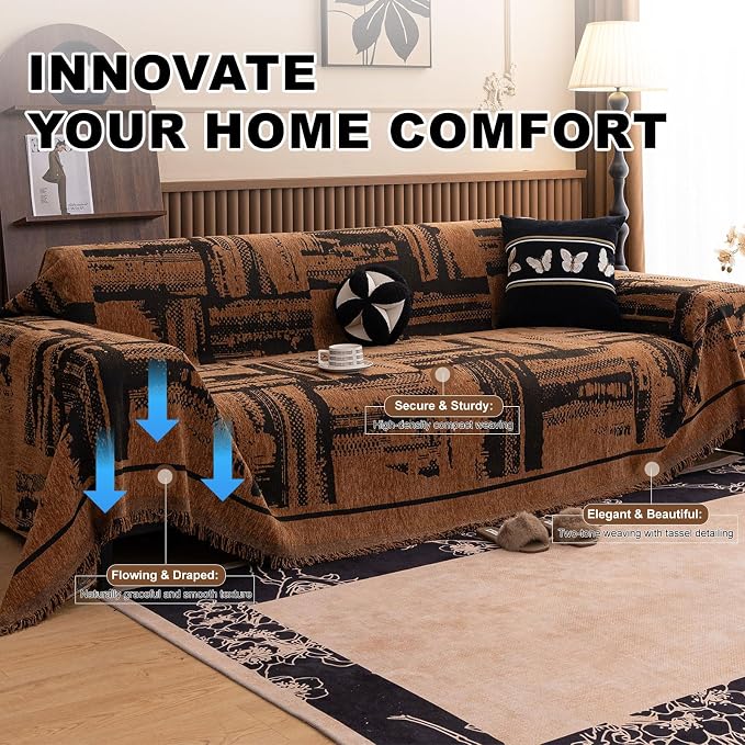 ROOMLIFE Dark Brown Couch Cover 3 Cushion Sofa, Washable Non Slip Furniture Sofa Protector Cover, Soft Chenille Sofa Slipcovers Sectional L Shape Dogs Couch Cover Throw Blanket with Tassels71''X118'' - Image 3