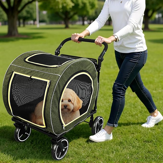 Pet Stroller for Dogs Cats up to 50 lbs, Foldable Dog Stroller with 360° Swivel Wheels, Detachable Carrier, Adjustable Handle, Travel Dog Stroller for Small Medium Large Pets, Green