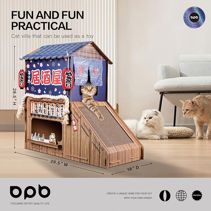 Cardboard Cat House for Indoor Cats,Cat Bed with Cat Toys,Cat Tunnel with Cat Scratching Posts,Large Cat Houses & Condos,Suitable for Kitty of All Weights(29.5inx28.5inx18in) - Image 2