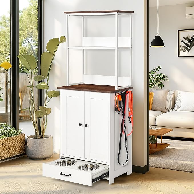 Pet Feeding Station Storage Cabinet with Bowls and Rack, Adjustable Panel,Pet Feeder Station for Dogs Cats for Feeding & Watering Supplies with 2-Level Shelving - Image 6