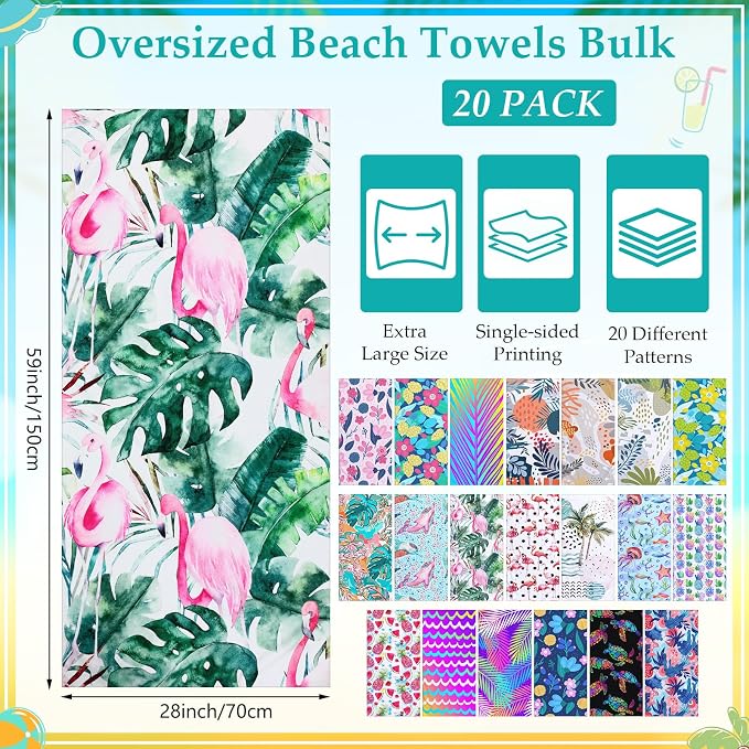 Newwiee 20 Pack Oversized Beach Towels Bulk 28 x 59 Inch Microfiber Quick Dry Sand Resistant Pool Towels Set Absorbent & Lightweight Assorted Vibrant Patterns Travel Blanket for Bath, Swim, Outdoor - Image 2