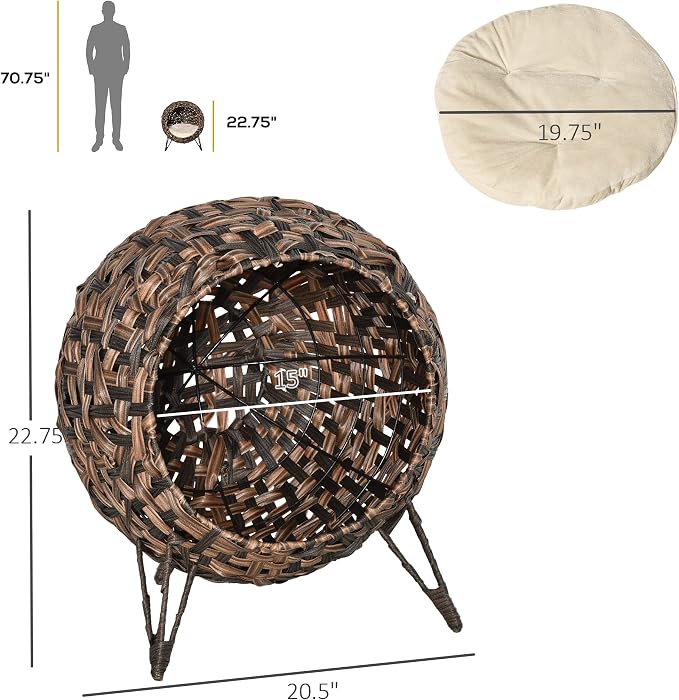PawHut 20.5" Weaved Cat Bed with Cushion, Brown | Elevated Hand-woven Braided Banana Leaf Kitten House Condo - Image 7