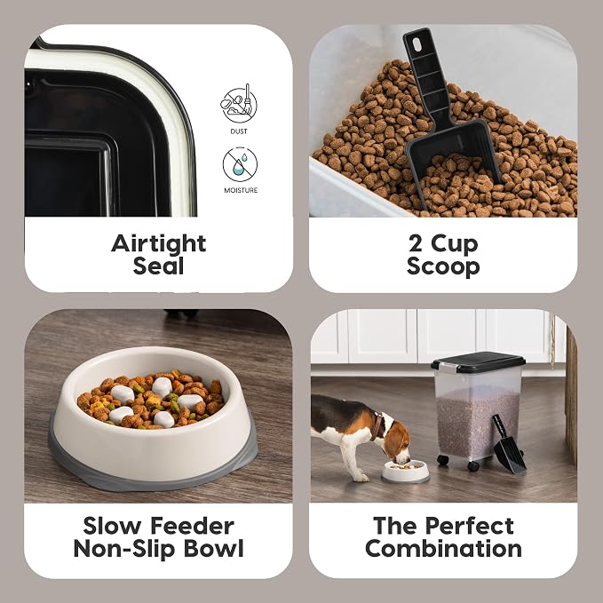 IRIS USA Airtight Dog Food Storage Container with 2-Cup Scoop and Slow Feeder Bowl Combo, Up to 30 lbs Pet Food Bin with Attachable Wheels, Anti-Slip Short Snouted Bowl, Easy to Clean, BPA Free, Black - Image 4