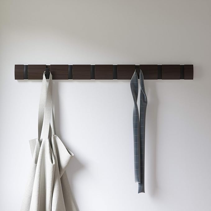 Umbra Flip Coat Rack, Wall Mount 8-Hook, Space Saving, Walnut/Black | Real wood and steel build, retractable hooks fold flat, holds coats bags and scarves, easy install - Image 12